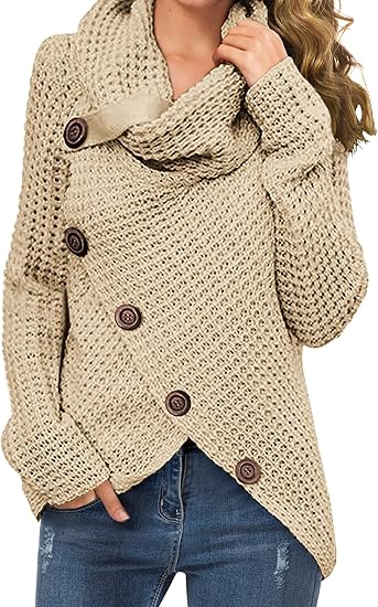 GRECERELLE Women's Fall Chunky Turtleneck Long Sleeve Asymmetric Hem Loose Knit Pullover Sweaters Tops, S-2XL