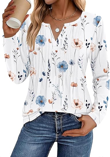 Zeagoo Womens Long Sleeve Tops 2026 V Neck Pleated Shirts Dressy Casual Tunic Blouses Loose Fit Fall Fashion Clothes
